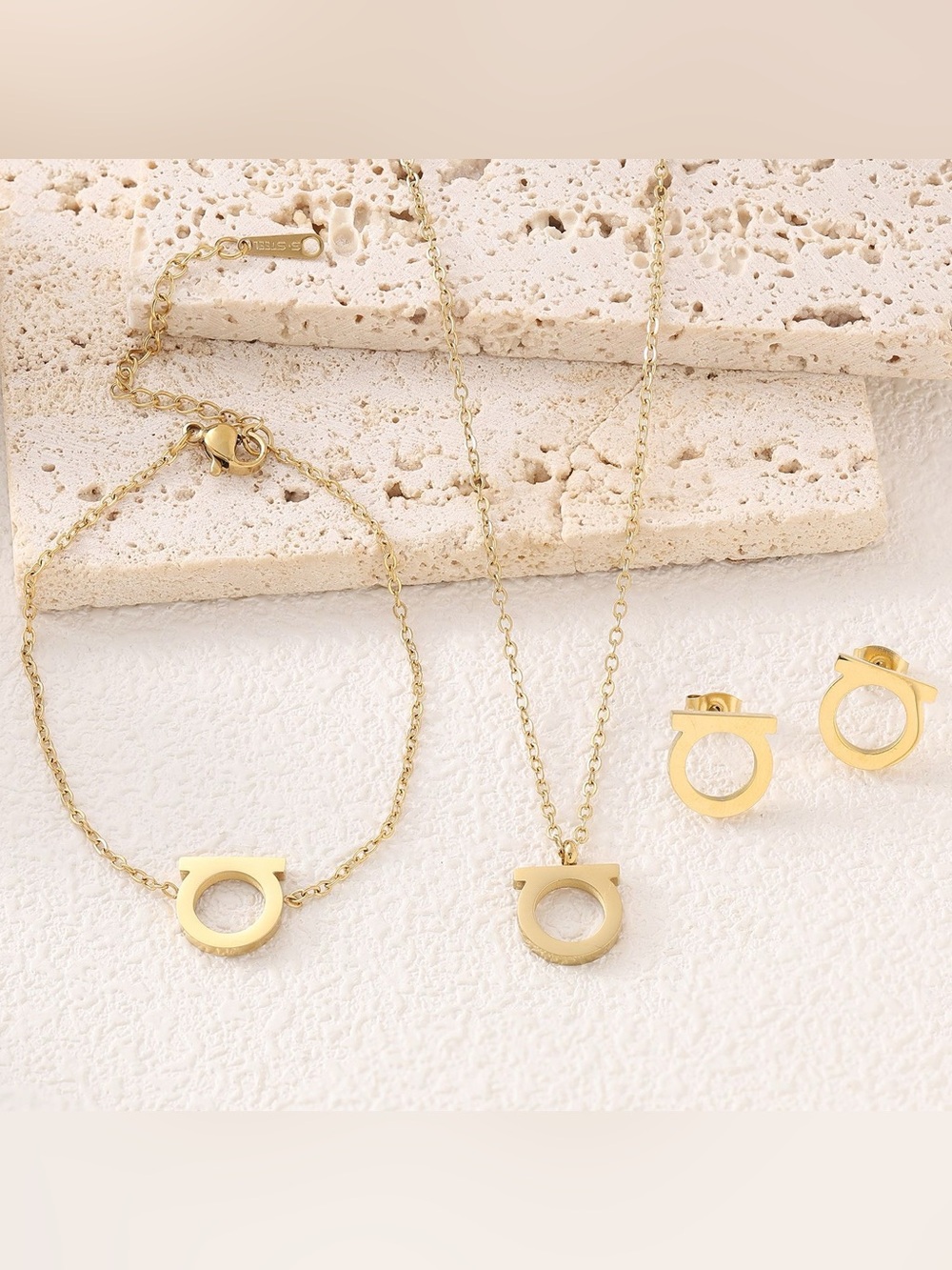 Women’s 304 stainless Steel Gold Circle Pendant Necklace, Bracelet & Studs Set